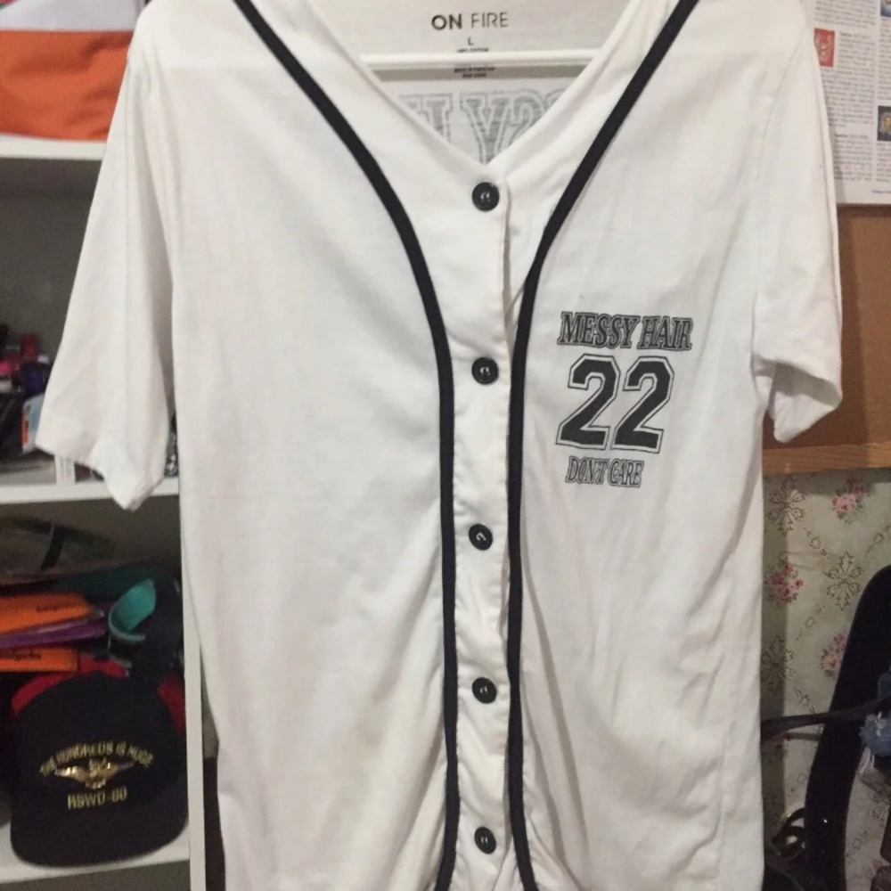 “messy hair don’t care” Baseball button down